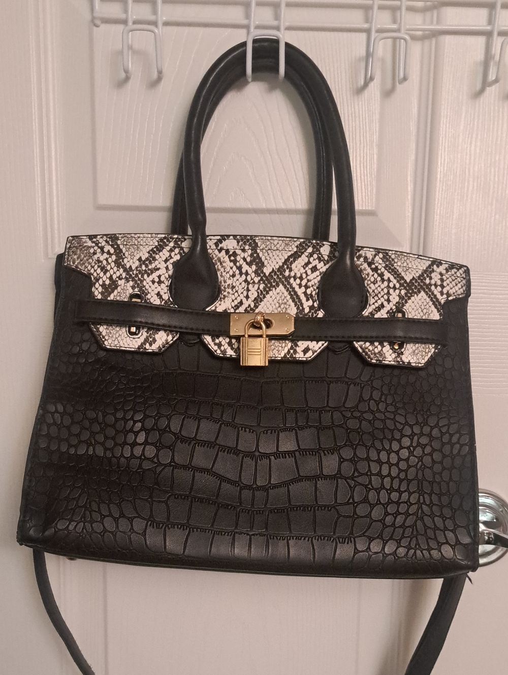 Black Croc-Embossed Tote with Snake-Print Trim and Gold Lock Faux Leather